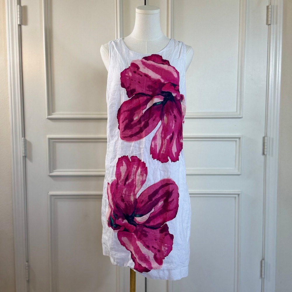 Tommy Bahama Linen Floral Shift Dress Womens Size L White Pink Tropical